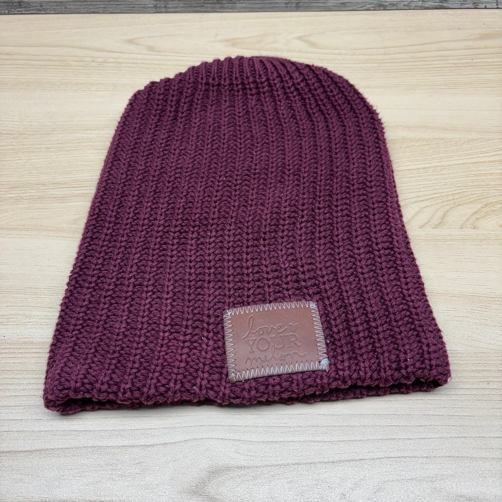 Love Your Melon Hat Beanie One Size Burgundy Knit Slouch Leather Patch Mens